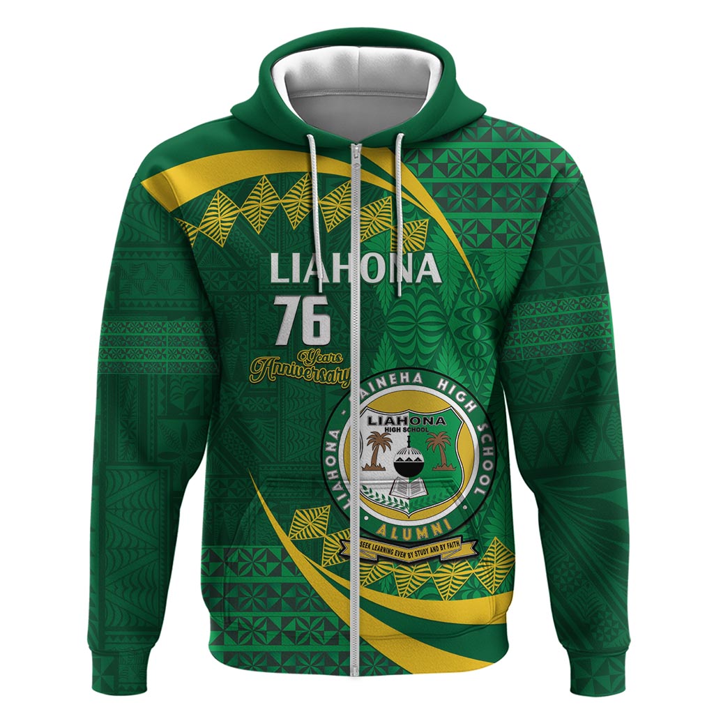 Personalised Tonga Liahona-Saineha High School Zip Hoodie Happy 76 Years Anniversary LT14 Zip Hoodie Green - Polynesian Pride