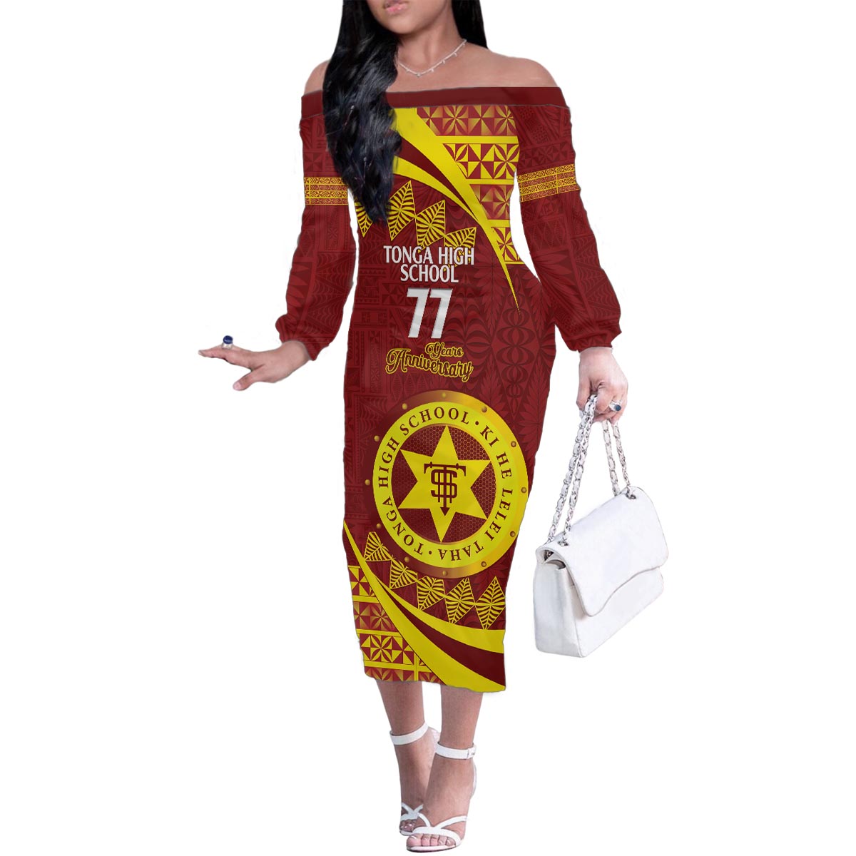 Personalised Tonga High School Family Matching Off The Shoulder Long Sleeve Dress and Hawaiian Shirt Happy 77 Years Anniversary