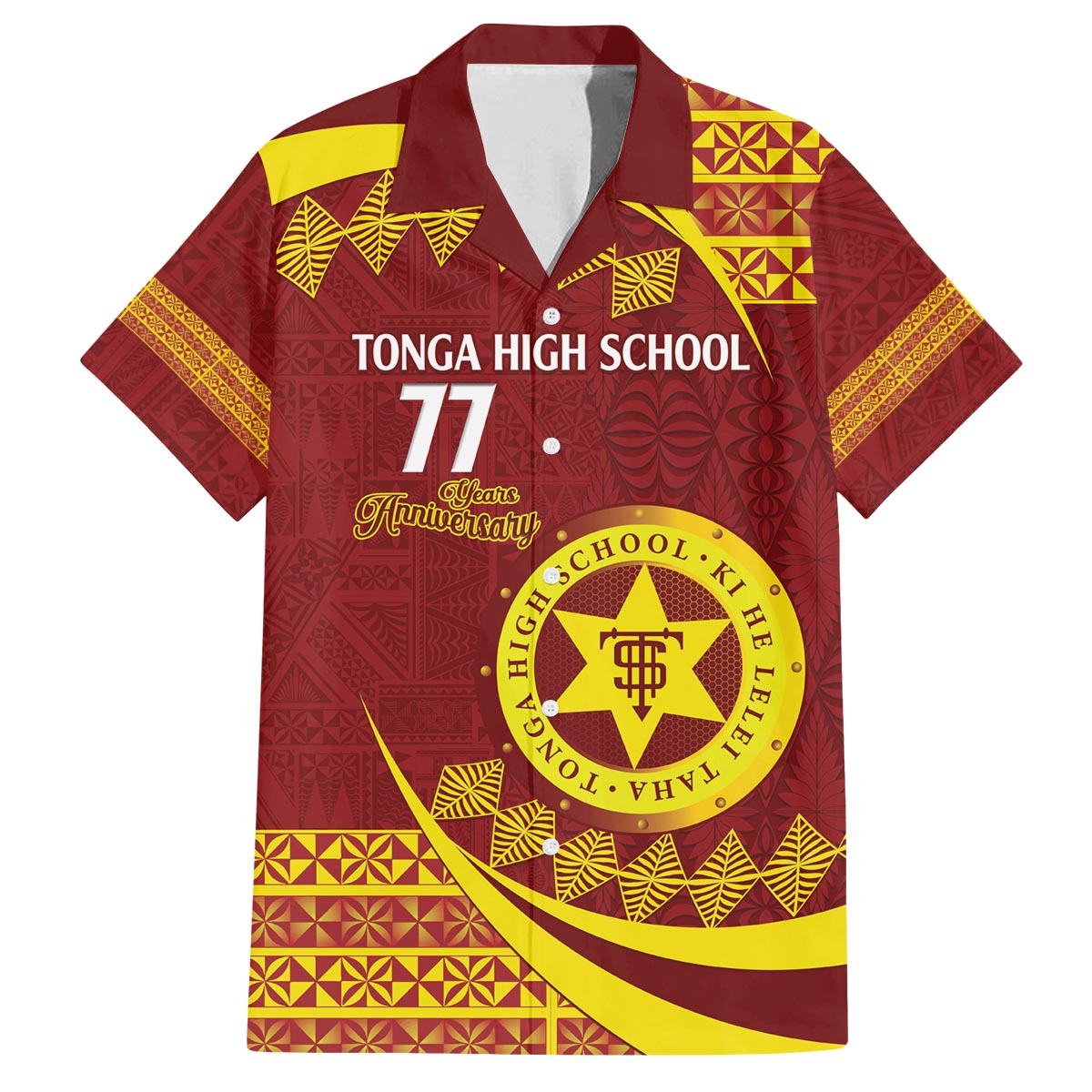 Personalised Tonga High School Family Matching Puletasi and Hawaiian Shirt Happy 77 Years Anniversary