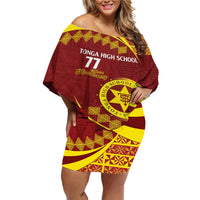Personalised Tonga High School Off Shoulder Short Dress Happy 77 Years Anniversary LT14 Women Maroon - Polynesian Pride