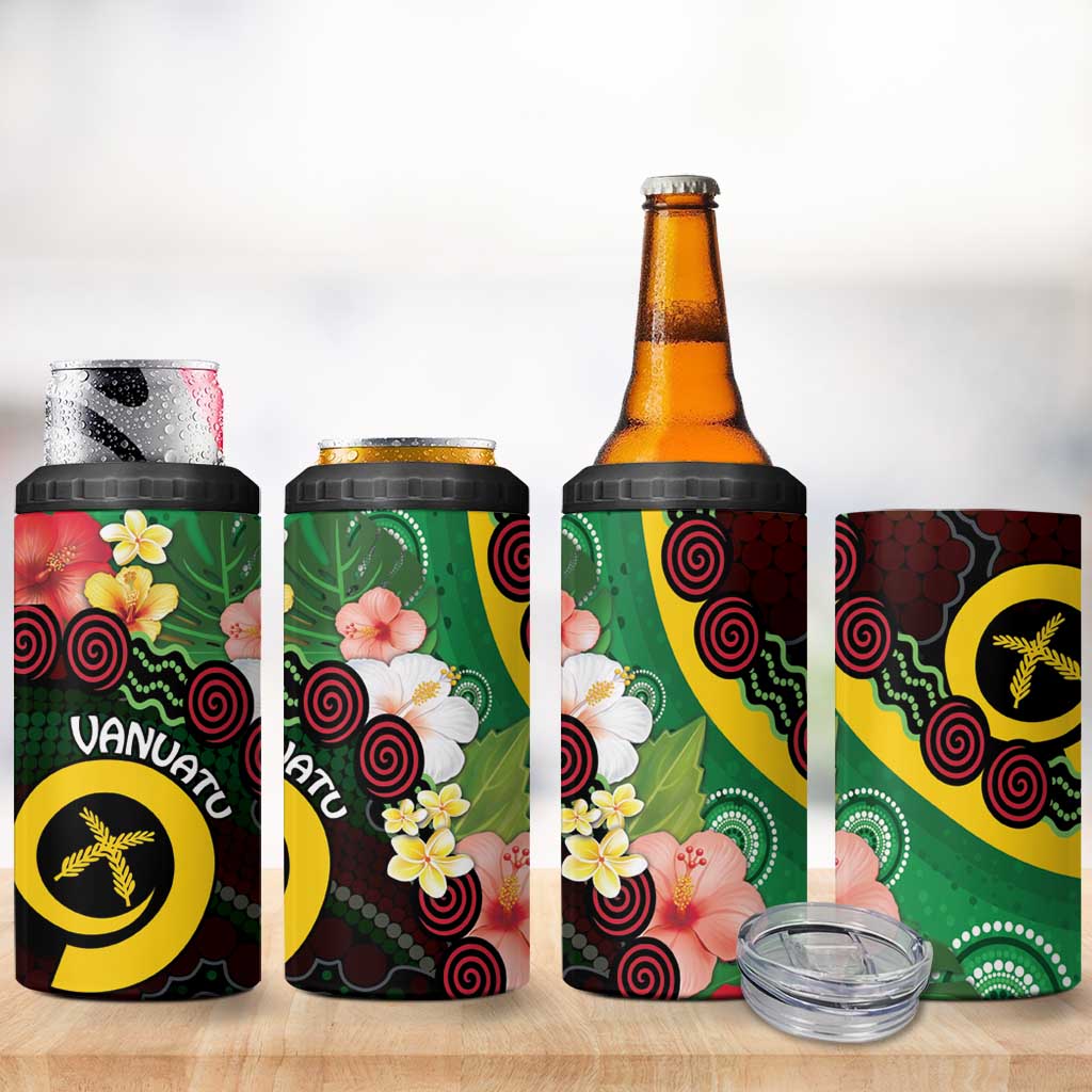Long God Yumi Stanap Vanuatu 4 in 1 Can Cooler Tumbler Tropical Flowers Aboriginal Pattern