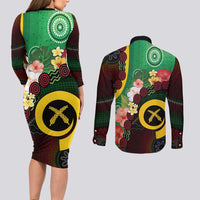 Long God Yumi Stanap Vanuatu Couples Matching Long Sleeve Bodycon Dress and Long Sleeve Button Shirt Tropical Flowers Aboriginal Pattern