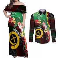 Long God Yumi Stanap Vanuatu Couples Matching Off Shoulder Maxi Dress and Long Sleeve Button Shirt Tropical Flowers Aboriginal Pattern