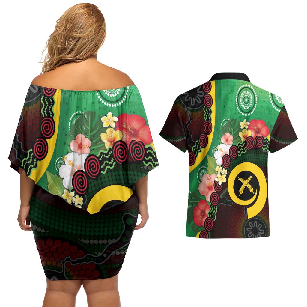 Long God Yumi Stanap Vanuatu Couples Matching Off Shoulder Short Dress and Hawaiian Shirt Tropical Flowers Aboriginal Pattern