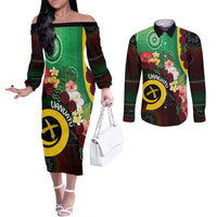 Long God Yumi Stanap Vanuatu Couples Matching Off The Shoulder Long Sleeve Dress and Long Sleeve Button Shirt Tropical Flowers Aboriginal Pattern