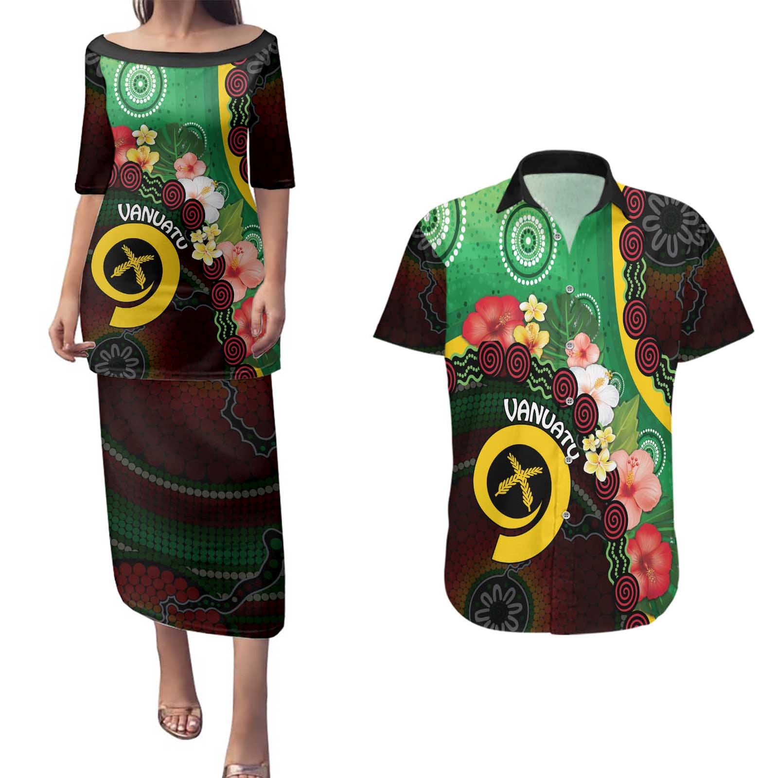 Long God Yumi Stanap Vanuatu Couples Matching Puletasi and Hawaiian Shirt Tropical Flowers Aboriginal Pattern