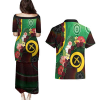 Long God Yumi Stanap Vanuatu Couples Matching Puletasi and Hawaiian Shirt Tropical Flowers Aboriginal Pattern