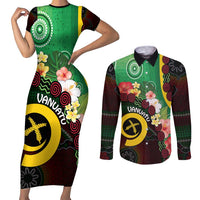 Long God Yumi Stanap Vanuatu Couples Matching Short Sleeve Bodycon Dress and Long Sleeve Button Shirt Tropical Flowers Aboriginal Pattern