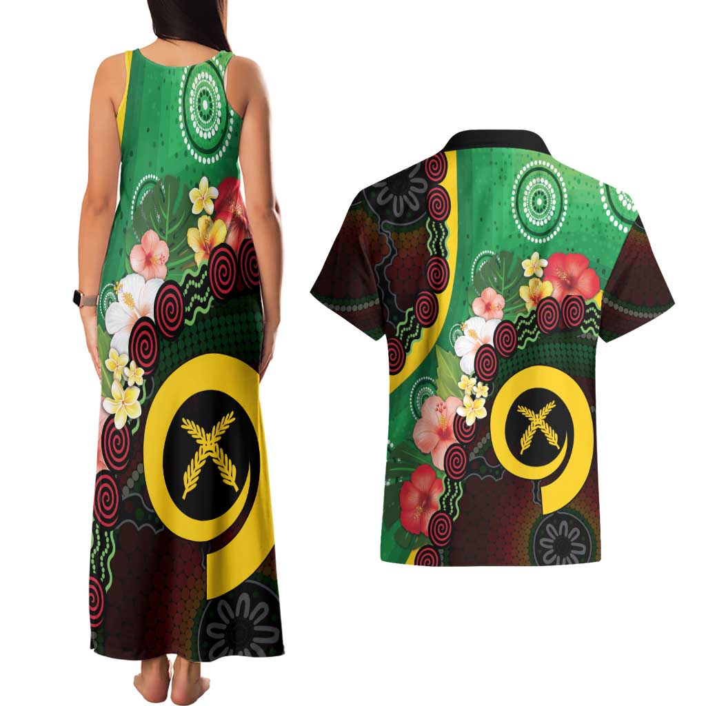 Long God Yumi Stanap Vanuatu Couples Matching Tank Maxi Dress and Hawaiian Shirt Tropical Flowers Aboriginal Pattern