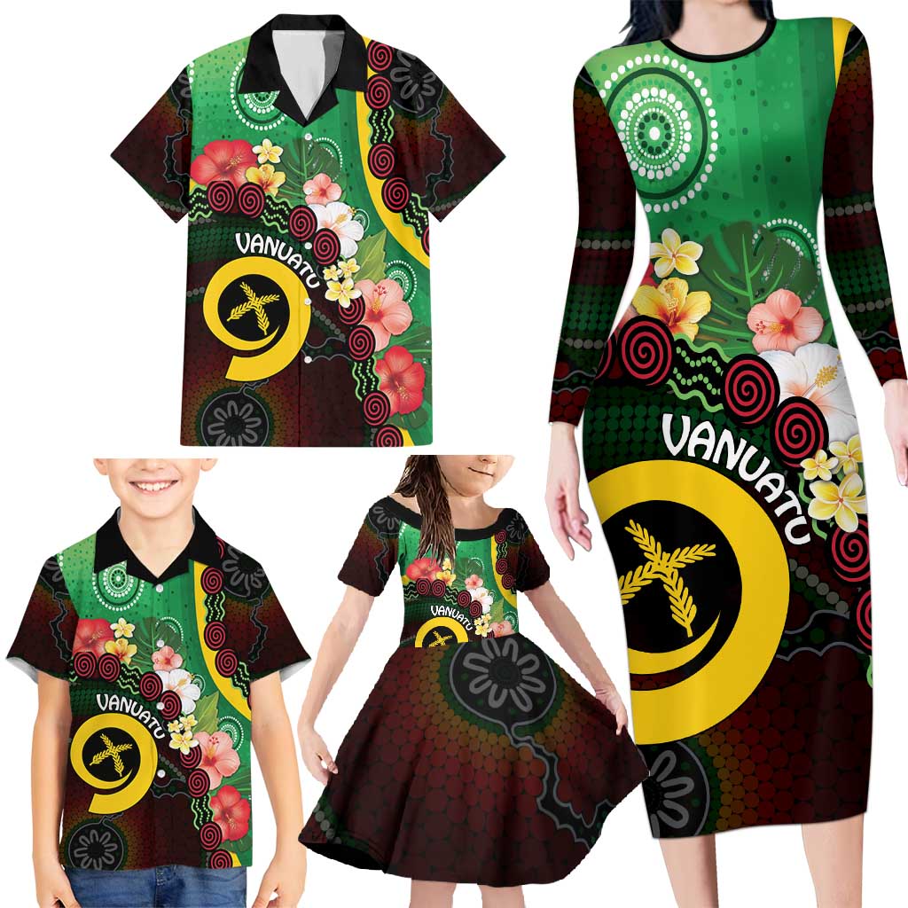 Long God Yumi Stanap Vanuatu Family Matching Long Sleeve Bodycon Dress and Hawaiian Shirt Tropical Flowers Aboriginal Pattern