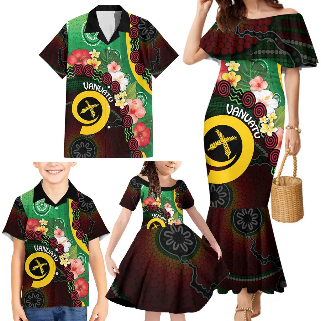 Long God Yumi Stanap Vanuatu Family Matching Mermaid Dress and Hawaiian Shirt Tropical Flowers Aboriginal Pattern