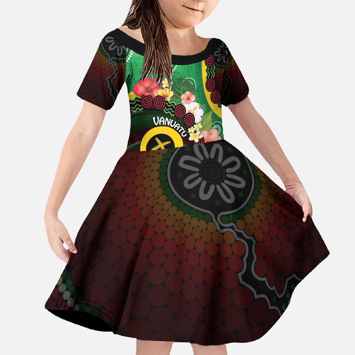 Long God Yumi Stanap Vanuatu Family Matching Off The Shoulder Long Sleeve Dress and Hawaiian Shirt Tropical Flowers Aboriginal Pattern