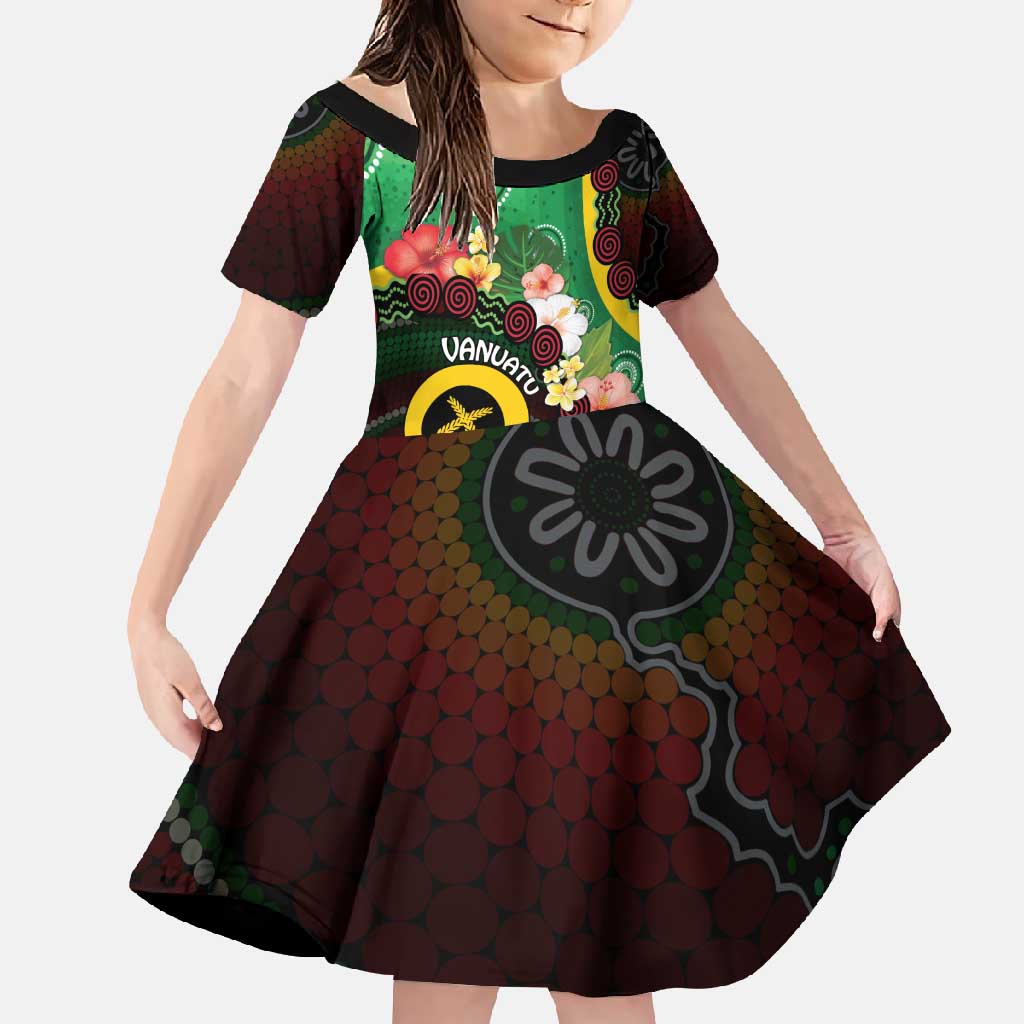 Long God Yumi Stanap Vanuatu Family Matching Off Shoulder Maxi Dress and Hawaiian Shirt Tropical Flowers Aboriginal Pattern LT14 Daughter's Dress Green - Polynesian Pride