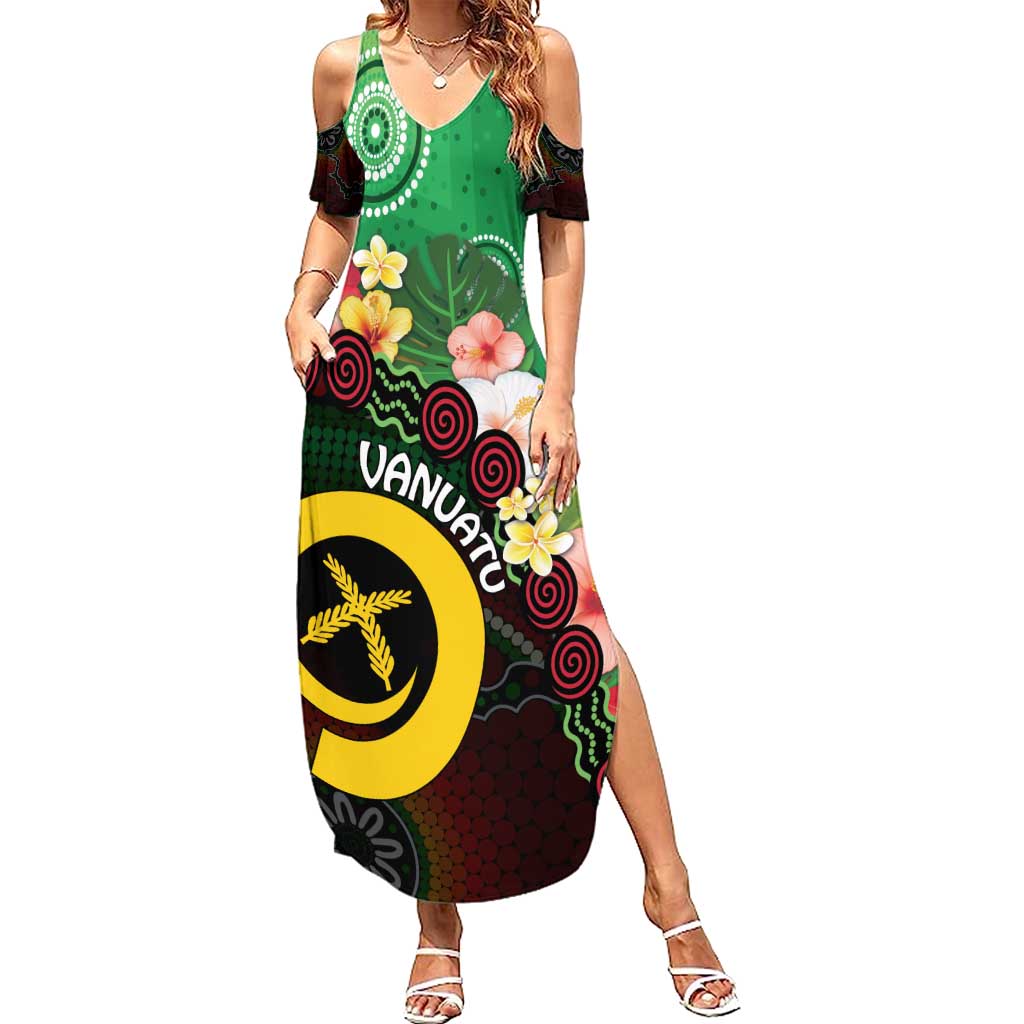 Long God Yumi Stanap Vanuatu Family Matching Summer Maxi Dress and Hawaiian Shirt Tropical Flowers Aboriginal Pattern