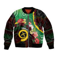 Long God Yumi Stanap Vanuatu Sleeve Zip Bomber Jacket Tropical Flowers Aboriginal Pattern