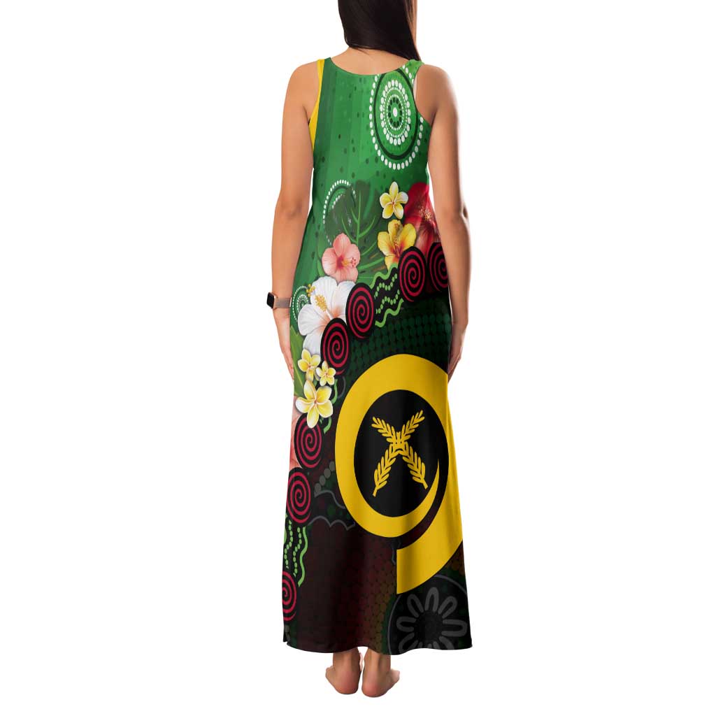 Long God Yumi Stanap Vanuatu Tank Maxi Dress Tropical Flowers Aboriginal Pattern
