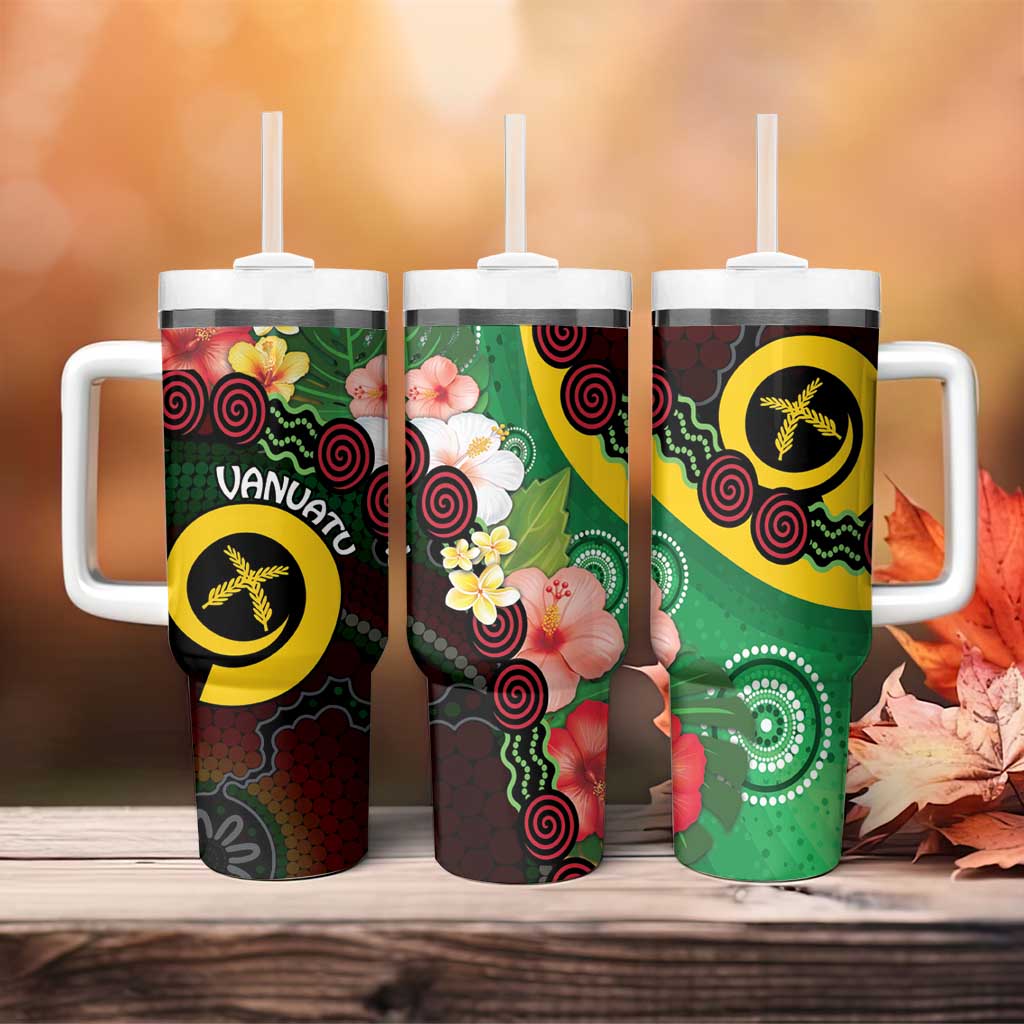 Long God Yumi Stanap Vanuatu Tumbler With Handle Tropical Flowers Aboriginal Pattern