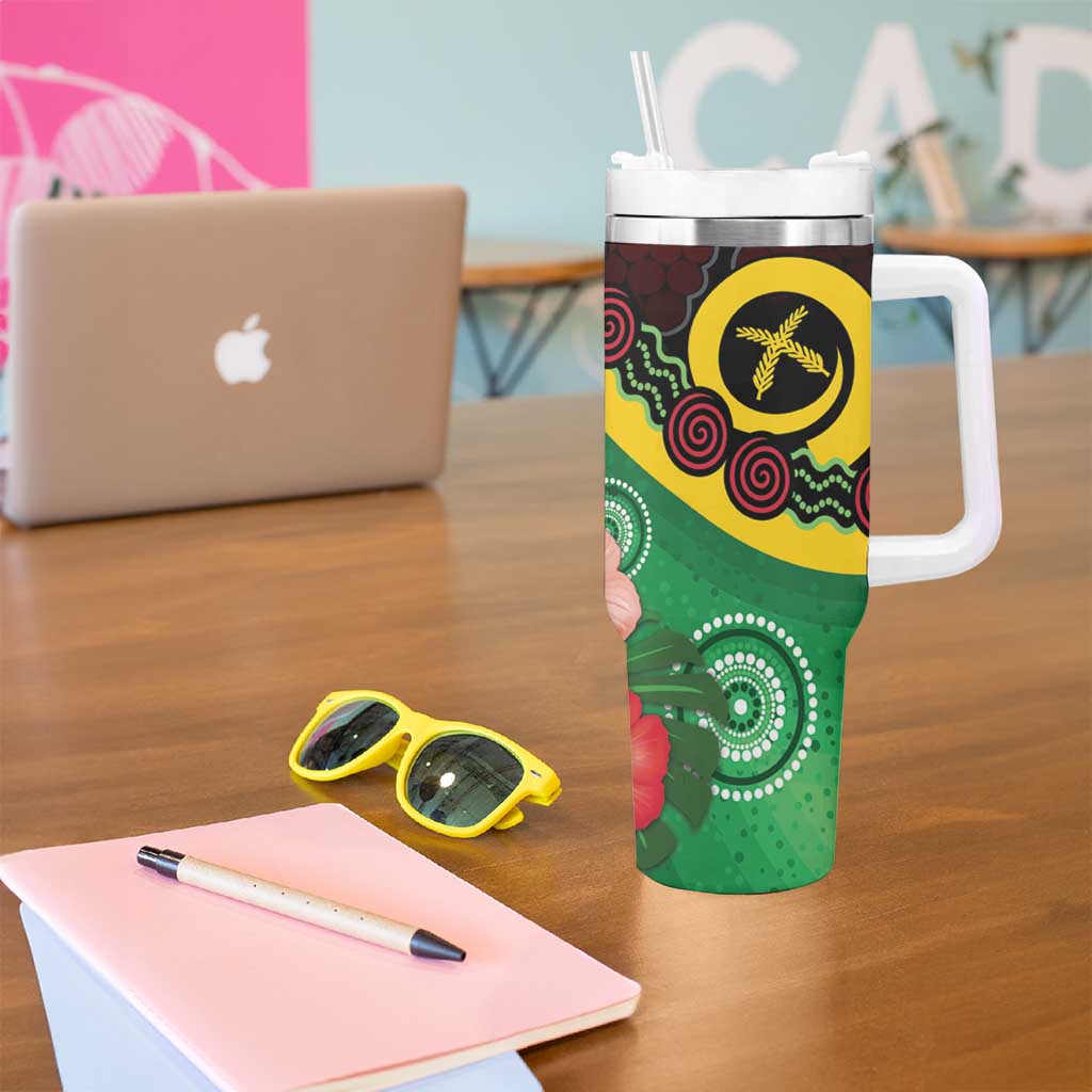 Long God Yumi Stanap Vanuatu Tumbler With Handle Tropical Flowers Aboriginal Pattern