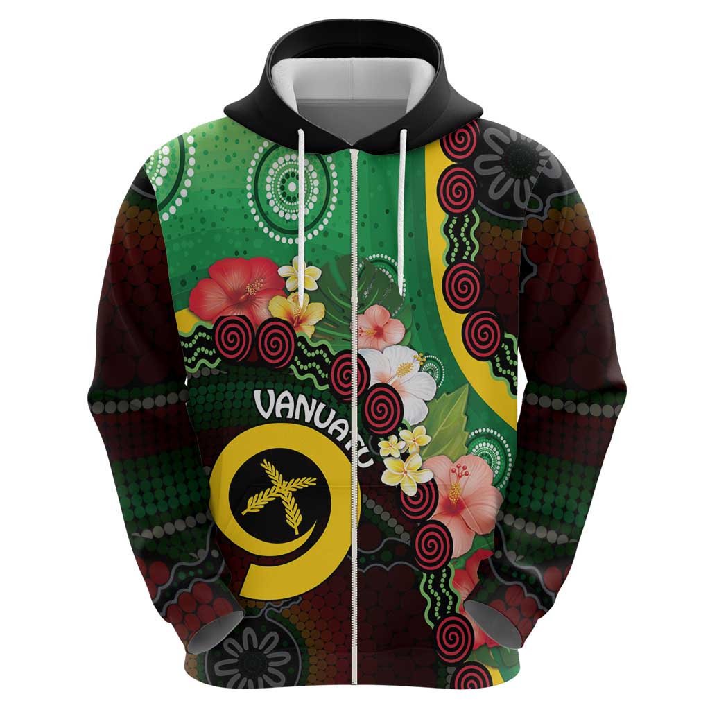 Long God Yumi Stanap Vanuatu Zip Hoodie Tropical Flowers Aboriginal Pattern