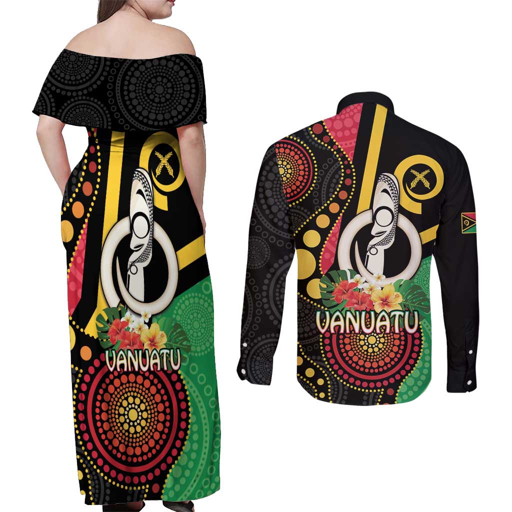 Tamtam Drum Vanuatu Couples Matching Off Shoulder Maxi Dress and Long Sleeve Button Shirt Boar Tusk Aboriginal Flag Style