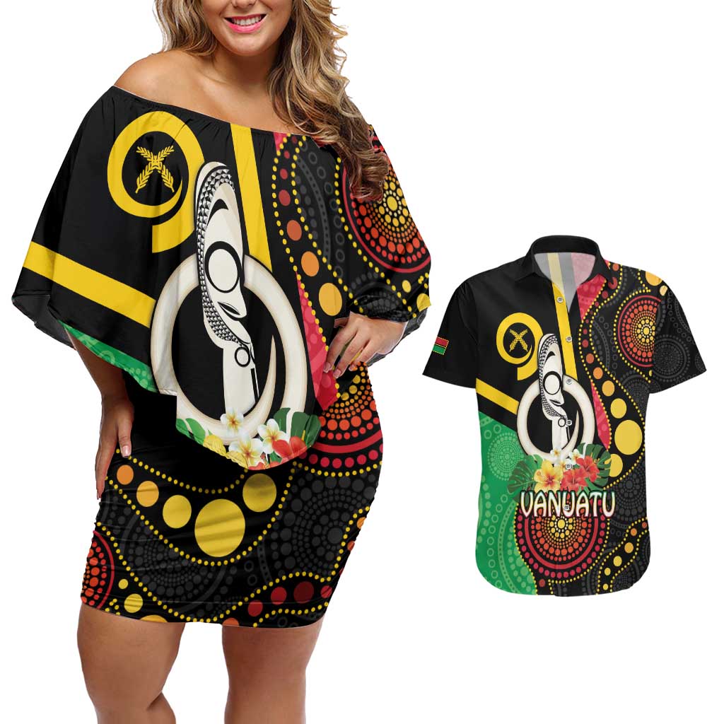 Tamtam Drum Vanuatu Couples Matching Off Shoulder Short Dress and Hawaiian Shirt Boar Tusk Aboriginal Flag Style