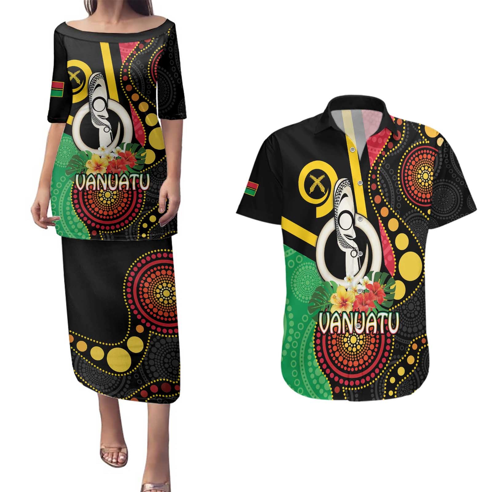 Tamtam Drum Vanuatu Couples Matching Puletasi and Hawaiian Shirt Boar Tusk Aboriginal Flag Style