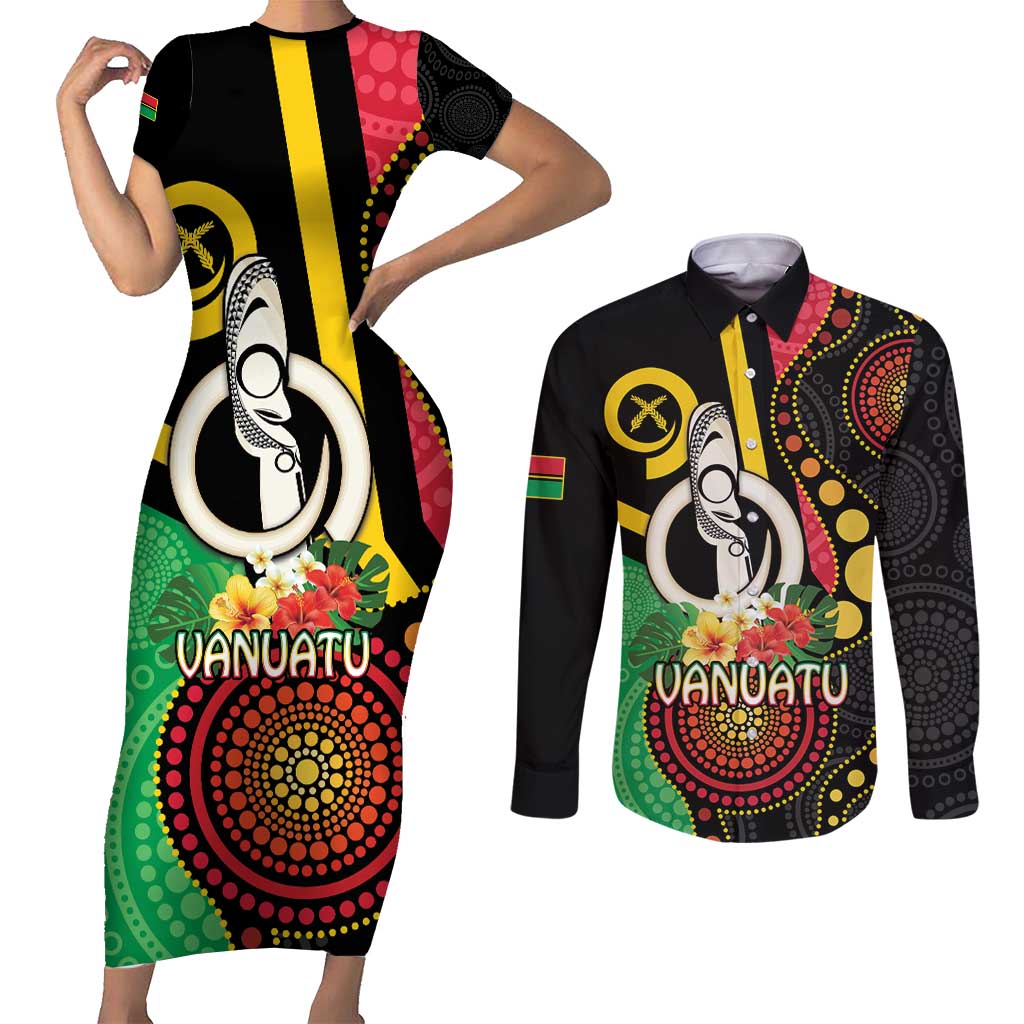 Tamtam Drum Vanuatu Couples Matching Short Sleeve Bodycon Dress and Long Sleeve Button Shirt Boar Tusk Aboriginal Flag Style