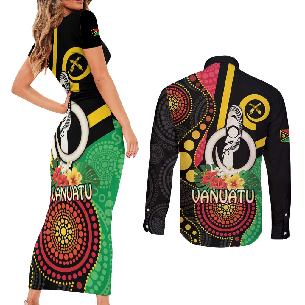 Tamtam Drum Vanuatu Couples Matching Short Sleeve Bodycon Dress and Long Sleeve Button Shirt Boar Tusk Aboriginal Flag Style