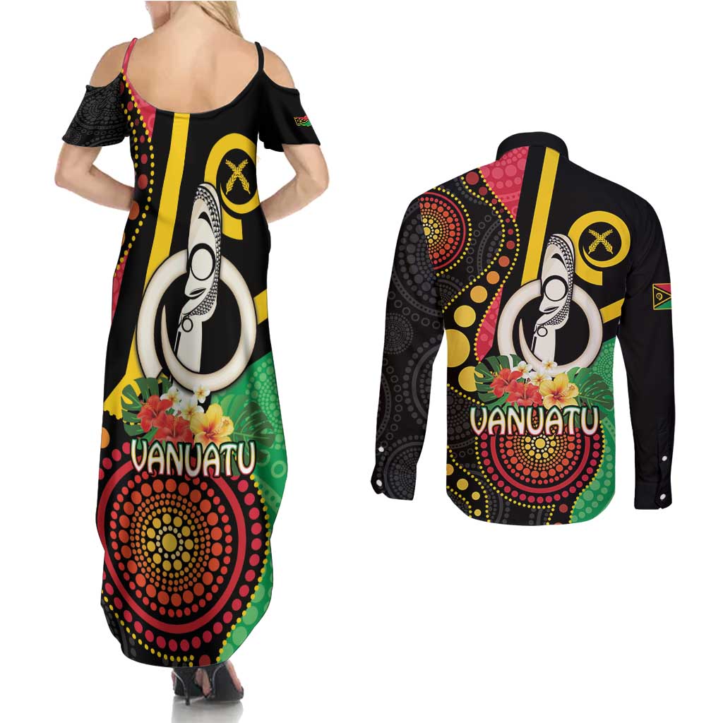 Tamtam Drum Vanuatu Couples Matching Summer Maxi Dress and Long Sleeve Button Shirt Boar Tusk Aboriginal Flag Style