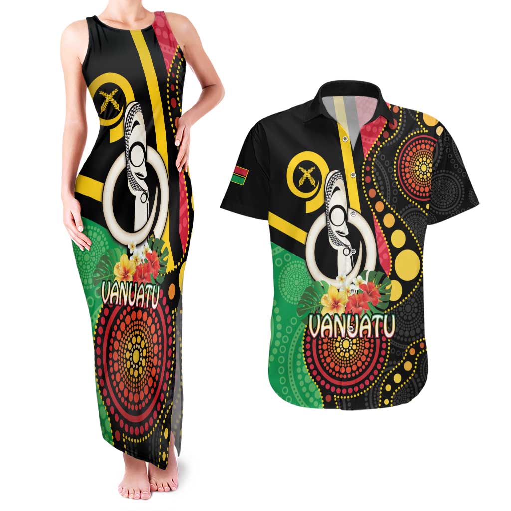 Tamtam Drum Vanuatu Couples Matching Tank Maxi Dress and Hawaiian Shirt Boar Tusk Aboriginal Flag Style