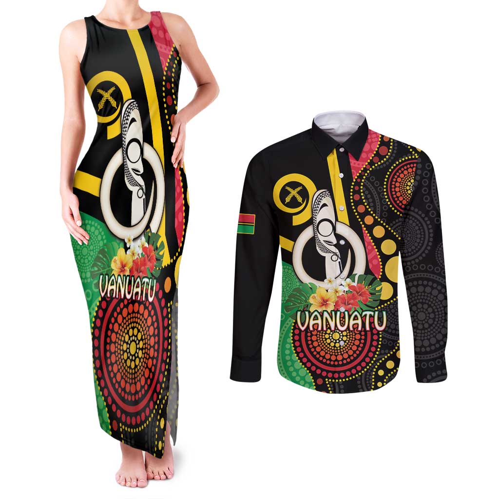 Tamtam Drum Vanuatu Couples Matching Tank Maxi Dress and Long Sleeve Button Shirt Boar Tusk Aboriginal Flag Style