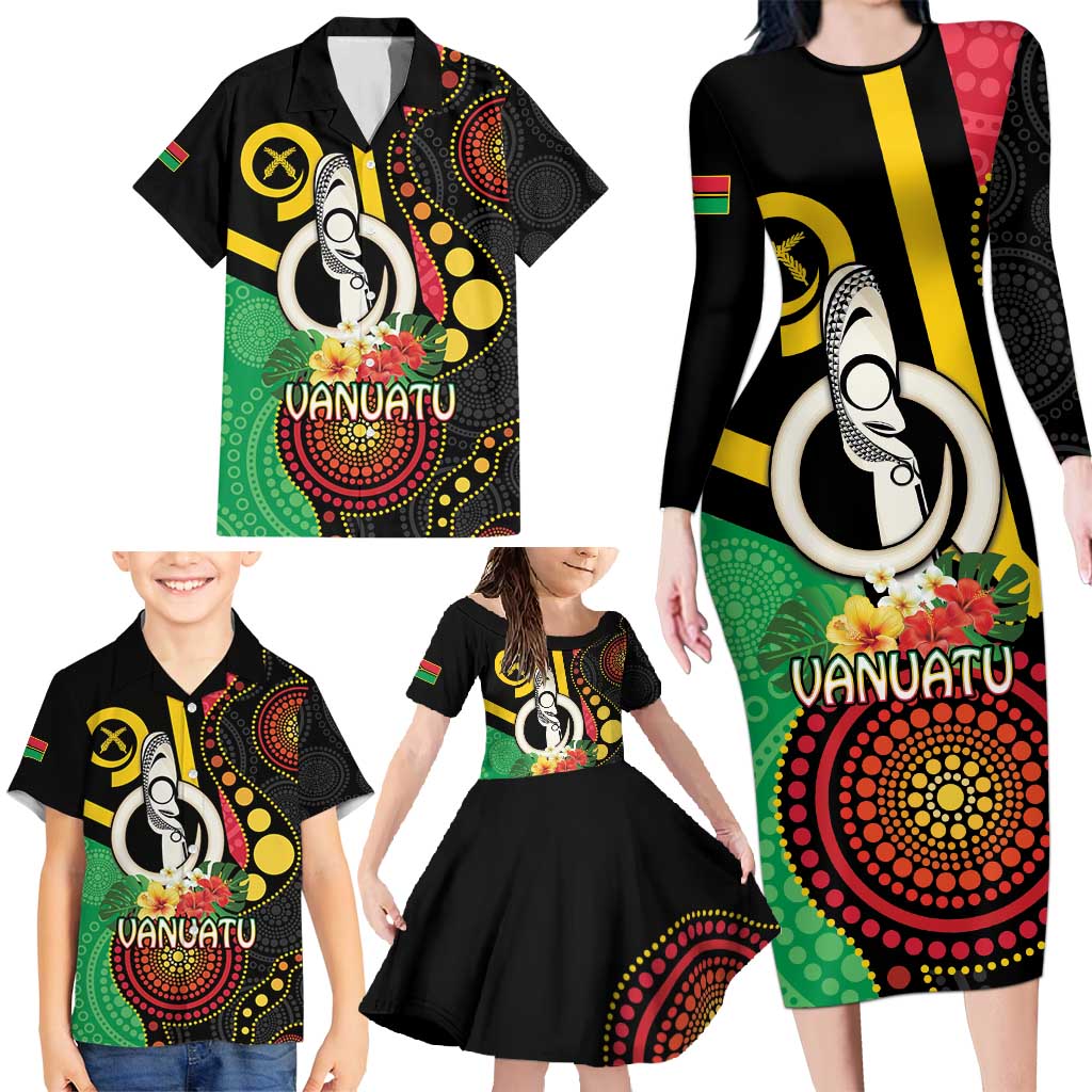 Tamtam Drum Vanuatu Family Matching Long Sleeve Bodycon Dress and Hawaiian Shirt Boar Tusk Aboriginal Flag Style