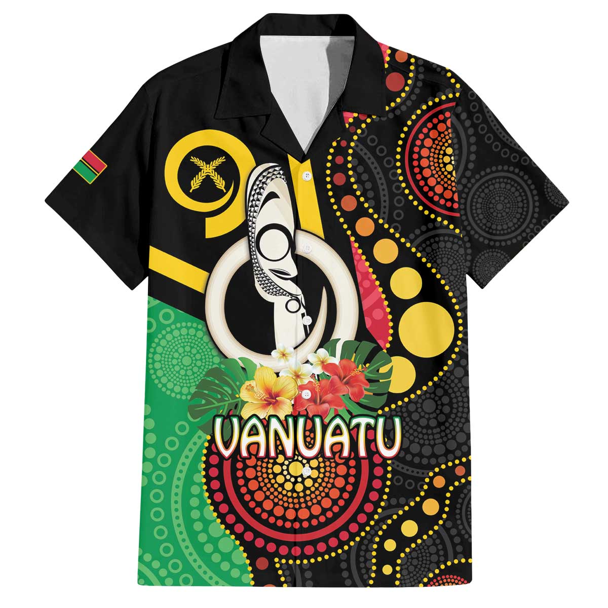 Tamtam Drum Vanuatu Family Matching Off The Shoulder Long Sleeve Dress and Hawaiian Shirt Boar Tusk Aboriginal Flag Style