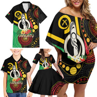 Tamtam Drum Vanuatu Family Matching Off Shoulder Short Dress and Hawaiian Shirt Boar Tusk Aboriginal Flag Style