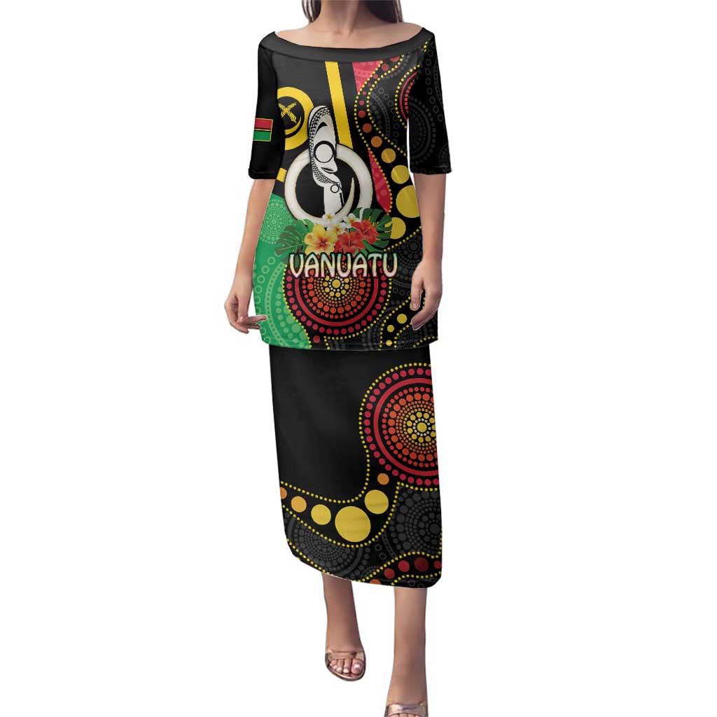 Tamtam Drum Vanuatu Family Matching Puletasi and Hawaiian Shirt Boar Tusk Aboriginal Flag Style