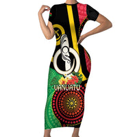 Tamtam Drum Vanuatu Family Matching Short Sleeve Bodycon Dress and Hawaiian Shirt Boar Tusk Aboriginal Flag Style