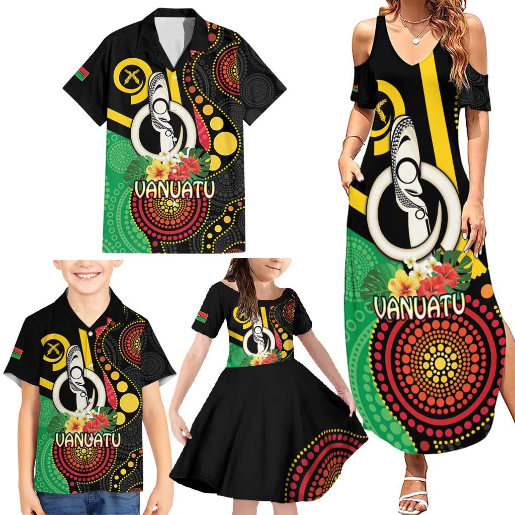 Tamtam Drum Vanuatu Family Matching Summer Maxi Dress and Hawaiian Shirt Boar Tusk Aboriginal Flag Style