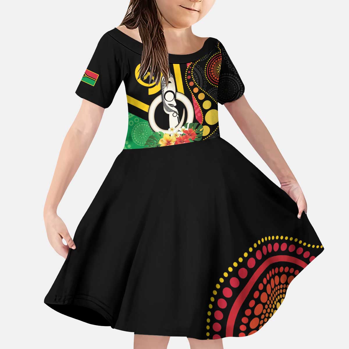 Tamtam Drum Vanuatu Kid Short Sleeve Dress Boar Tusk Aboriginal Flag Style