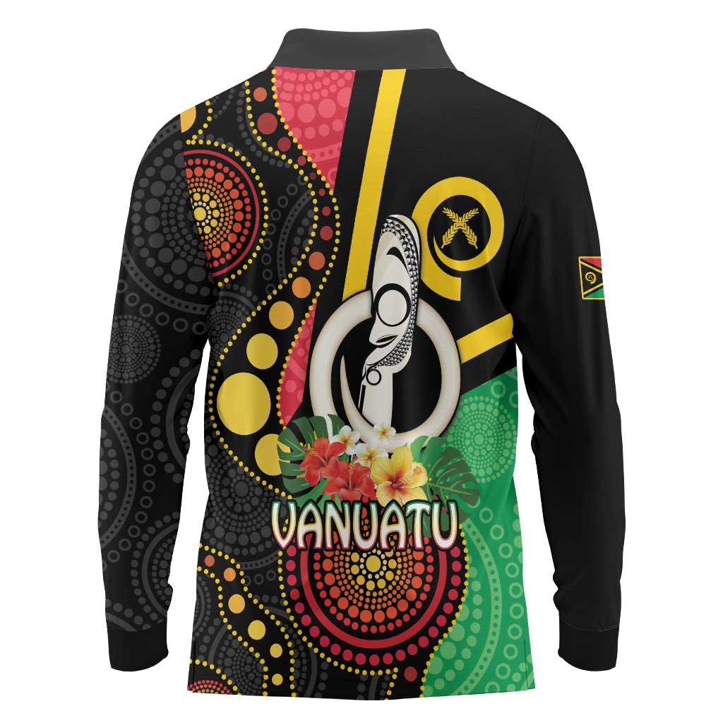 Tamtam Drum Vanuatu Long Sleeve Polo Shirt Boar Tusk Aboriginal Flag Style