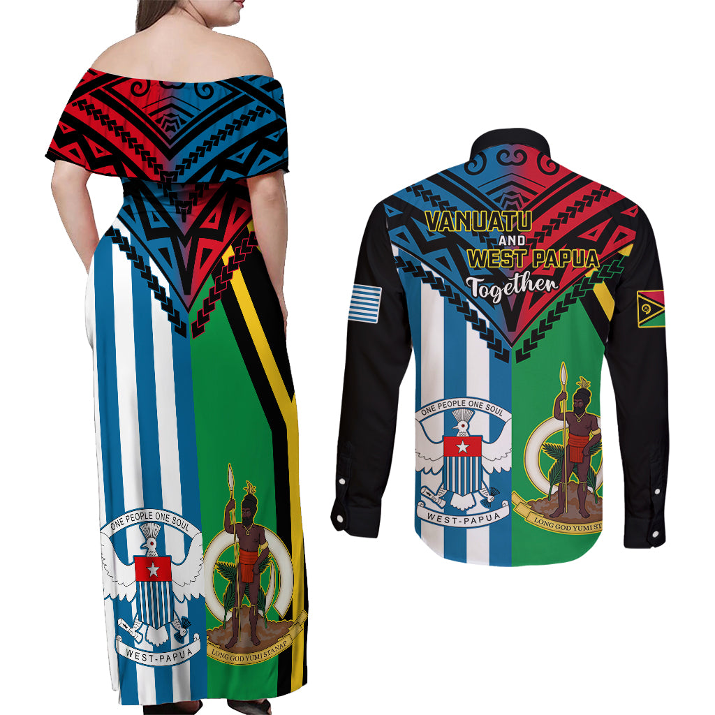 Vanuatu And West Papua Couples Matching Off Shoulder Maxi Dress and Long Sleeve Button Shirts Coat Of Arms Mix Flag Style LT14 - Polynesian Pride