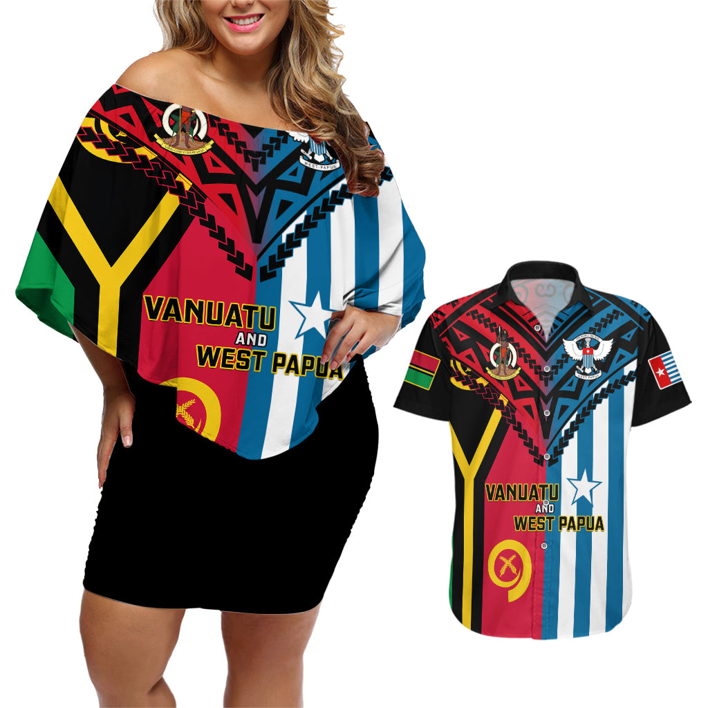 Vanuatu And West Papua Couples Matching Off Shoulder Short Dress and Hawaiian Shirt Coat Of Arms Mix Flag Style LT14 Black - Polynesian Pride