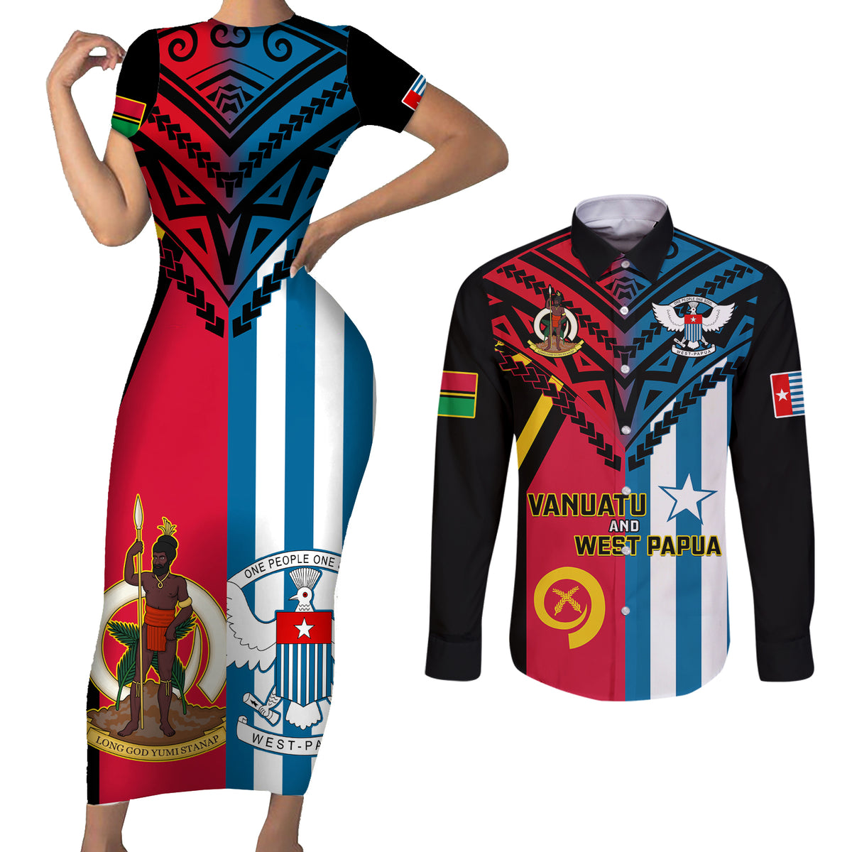 Vanuatu And West Papua Couples Matching Short Sleeve Bodycon Dress and Long Sleeve Button Shirts Coat Of Arms Mix Flag Style LT14 Black - Polynesian Pride