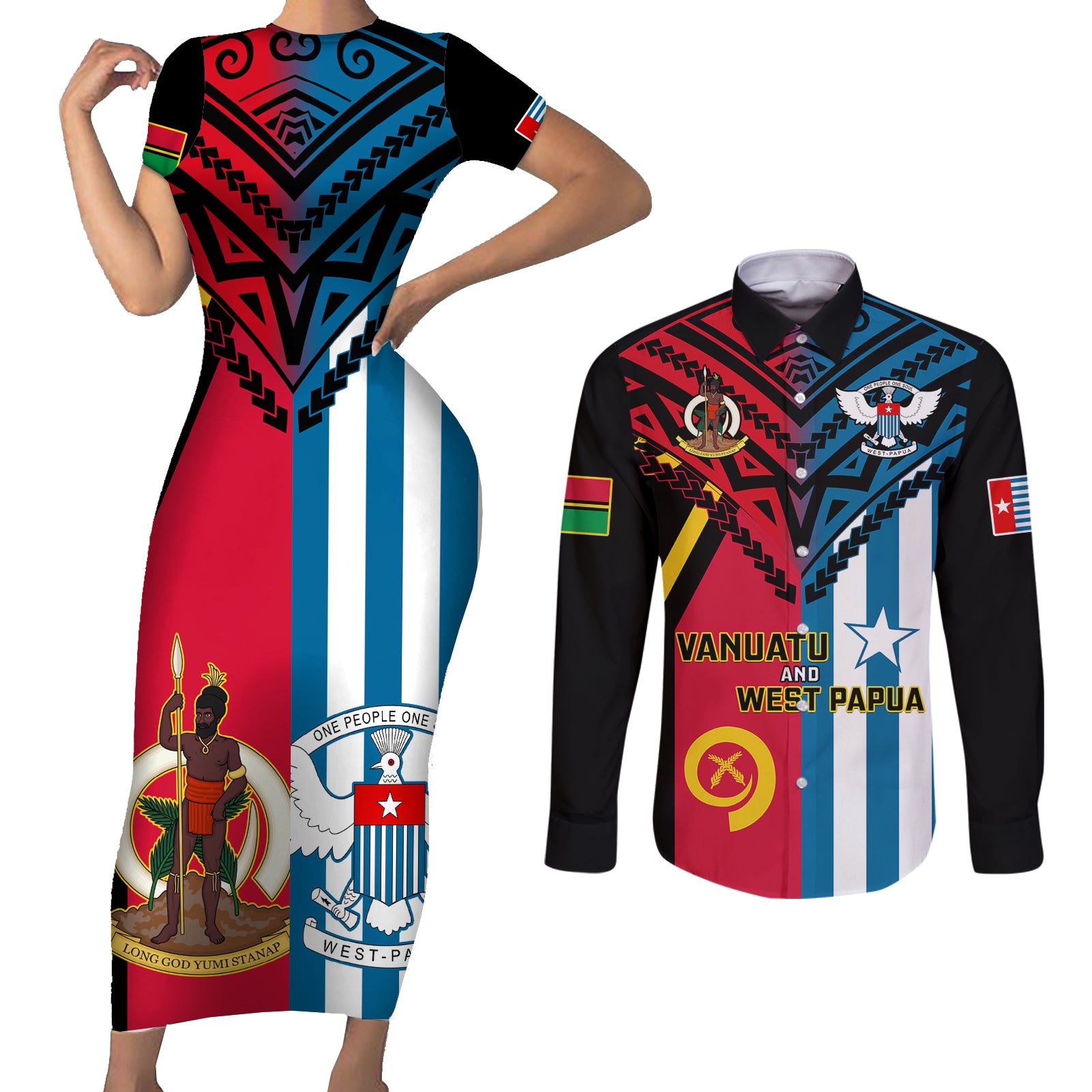 Vanuatu And West Papua Couples Matching Short Sleeve Bodycon Dress and Long Sleeve Button Shirts Coat Of Arms Mix Flag Style LT14 Black - Polynesian Pride