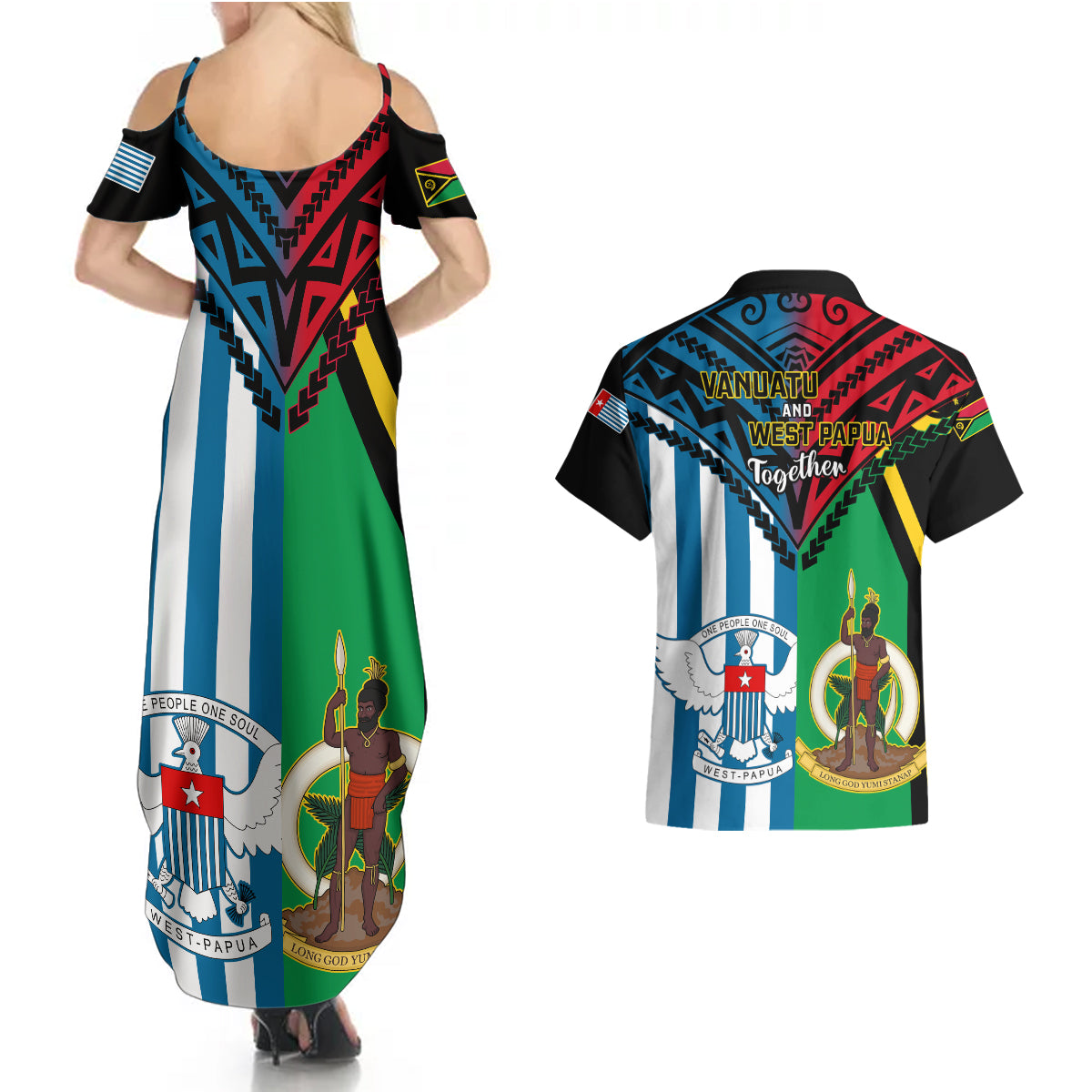 Vanuatu And West Papua Couples Matching Summer Maxi Dress and Hawaiian Shirt Coat Of Arms Mix Flag Style LT14 - Polynesian Pride