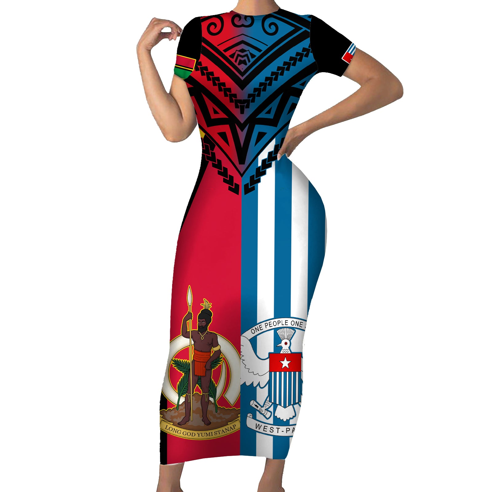 Vanuatu And West Papua Short Sleeve Bodycon Dress Coat Of Arms Mix Flag Style LT14 Long Dress Black - Polynesian Pride