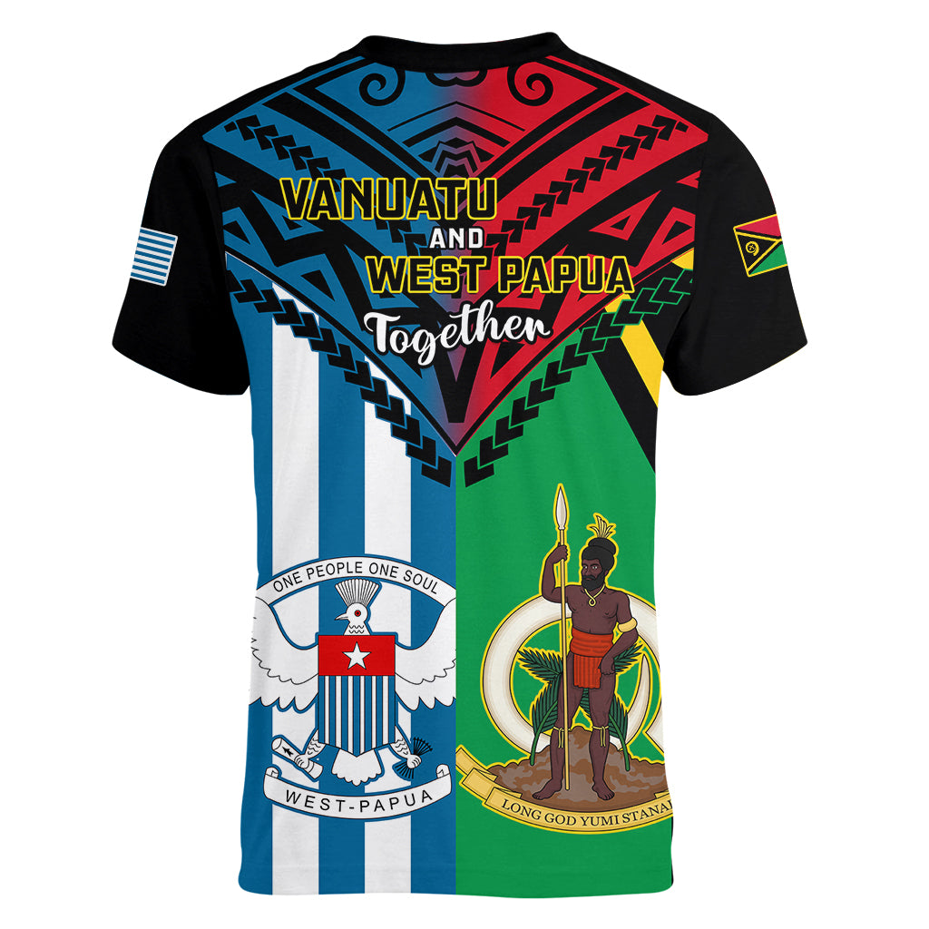 Vanuatu And West Papua Women V Neck T Shirt Coat Of Arms Mix Flag Style LT14 - Polynesian Pride