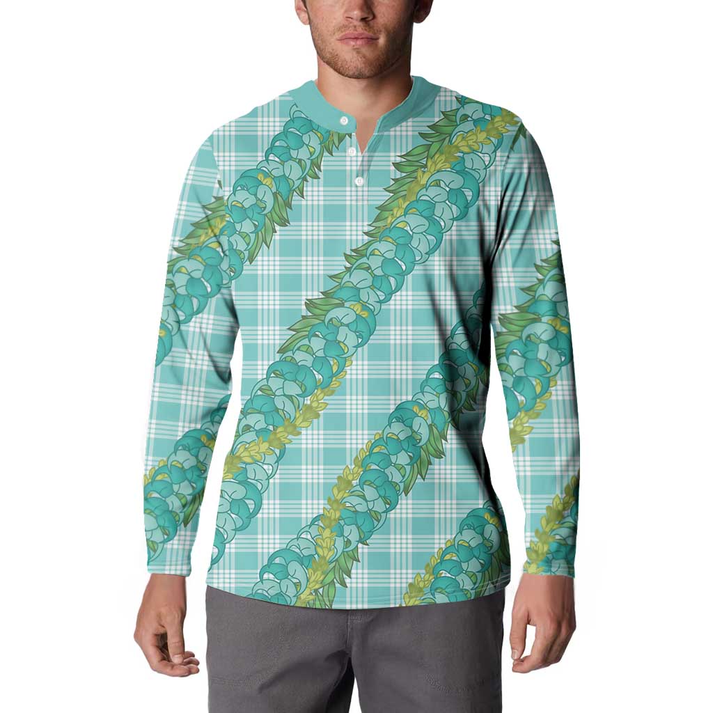 Hawaii Jade Vine Lei Button Sweatshirt Aloha Palaka Motif - Turquoise - Polynesian Pride