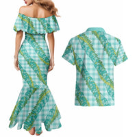 Hawaii Jade Vine Lei Couples Matching Mermaid Dress and Hawaiian Shirt Aloha Palaka Motif - Turquoise - Polynesian Pride