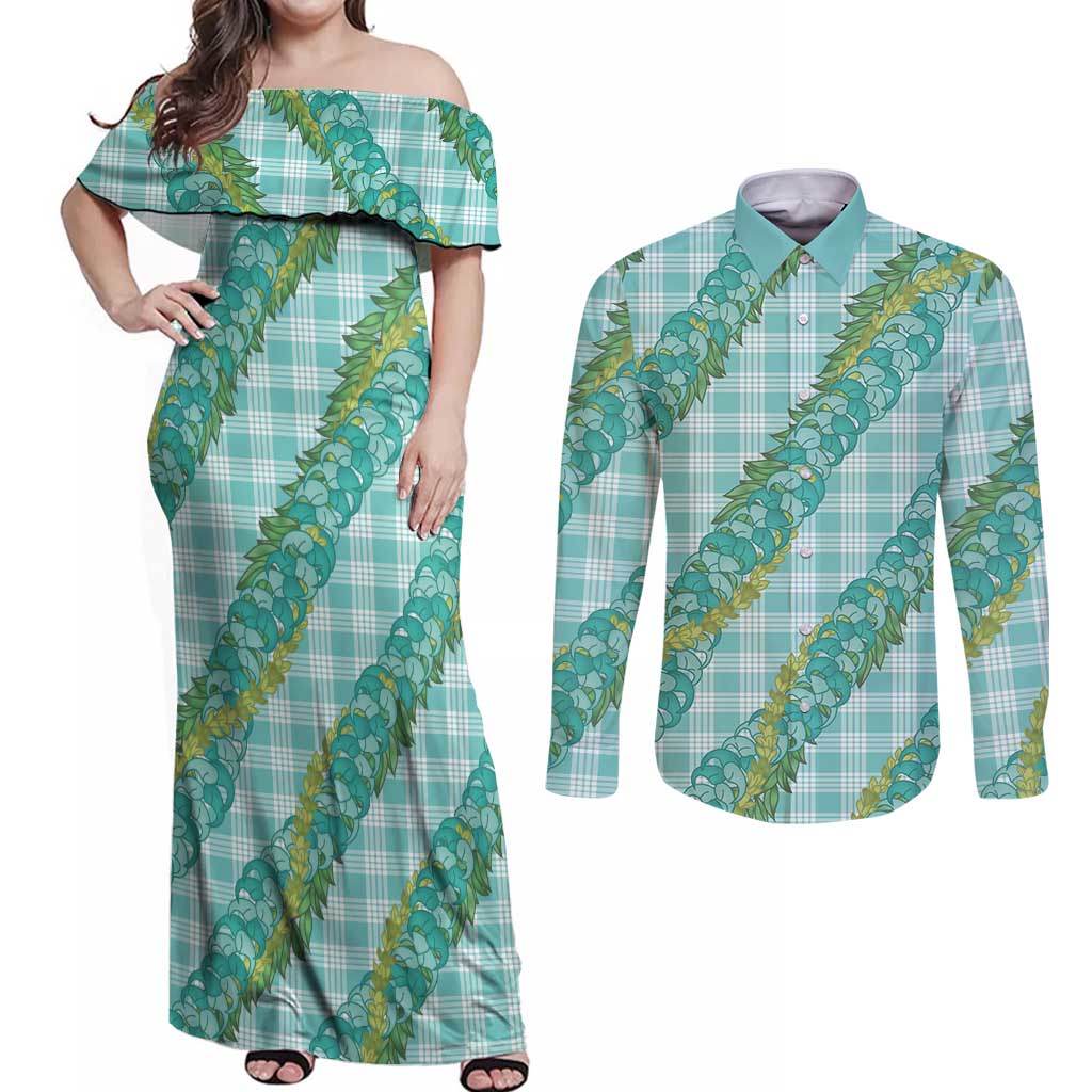 Hawaii Jade Vine Lei Couples Matching Off Shoulder Maxi Dress and Long Sleeve Button Shirt Aloha Palaka Motif - Turquoise - Polynesian Pride