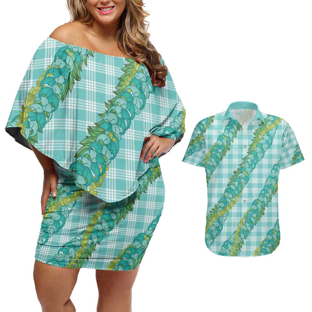 Hawaii Jade Vine Lei Couples Matching Off Shoulder Short Dress and Hawaiian Shirt Aloha Palaka Motif - Turquoise - Polynesian Pride